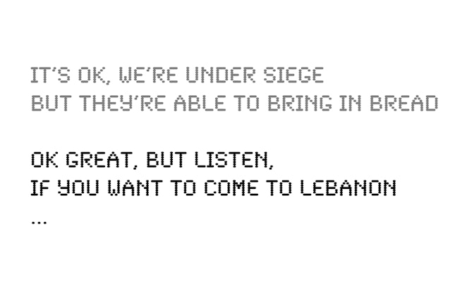 The text, translated from the original Arabic, shows actual messages sent between a refugee in Lebanon and a loved one still trapped in Syria, July 2013. Photo credit: © Liam Maloney Text message