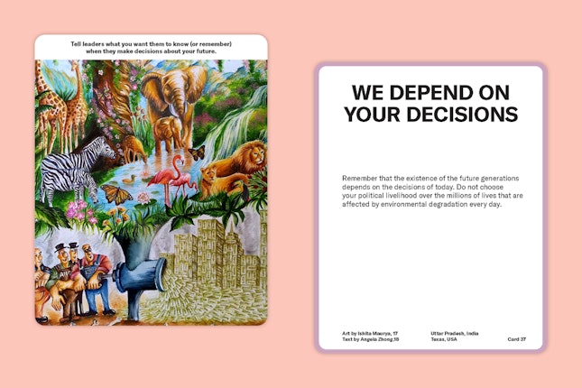We Depend on Your Decisions. Art by lshita Maurya from Uttar Pradesh, India, and text by Angela Zhong from Texas, United States. An illustration of various animals in the jungle and workers building a city made up of money