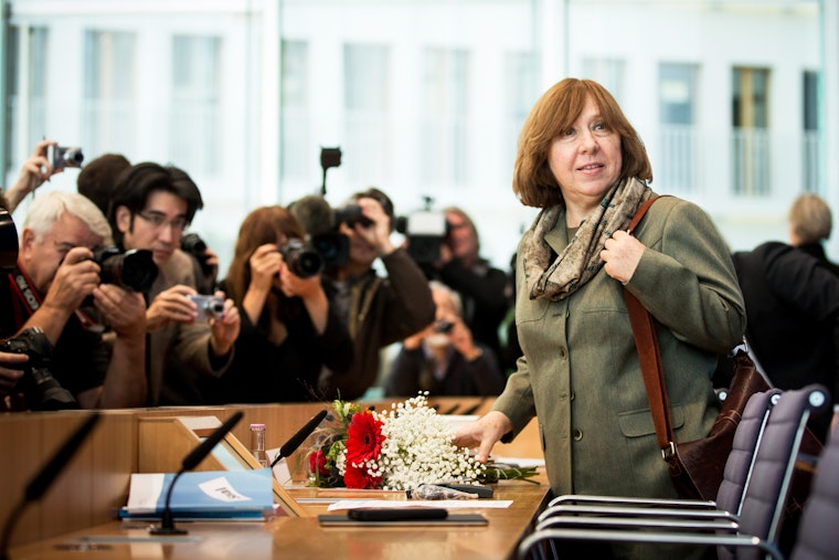 Belarusian journalist and writer Svetlana Alexievich speaks at a press conference in Berlin, Germany, after winning the 2015 Nobel Prize in Literature. Photo credit: © Axel Schmidt/Getty Svetlana Alexievich