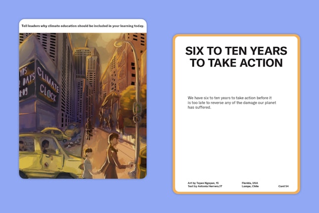 An illustration of people in a city, next to a card that says, "Six to ten years to take action."