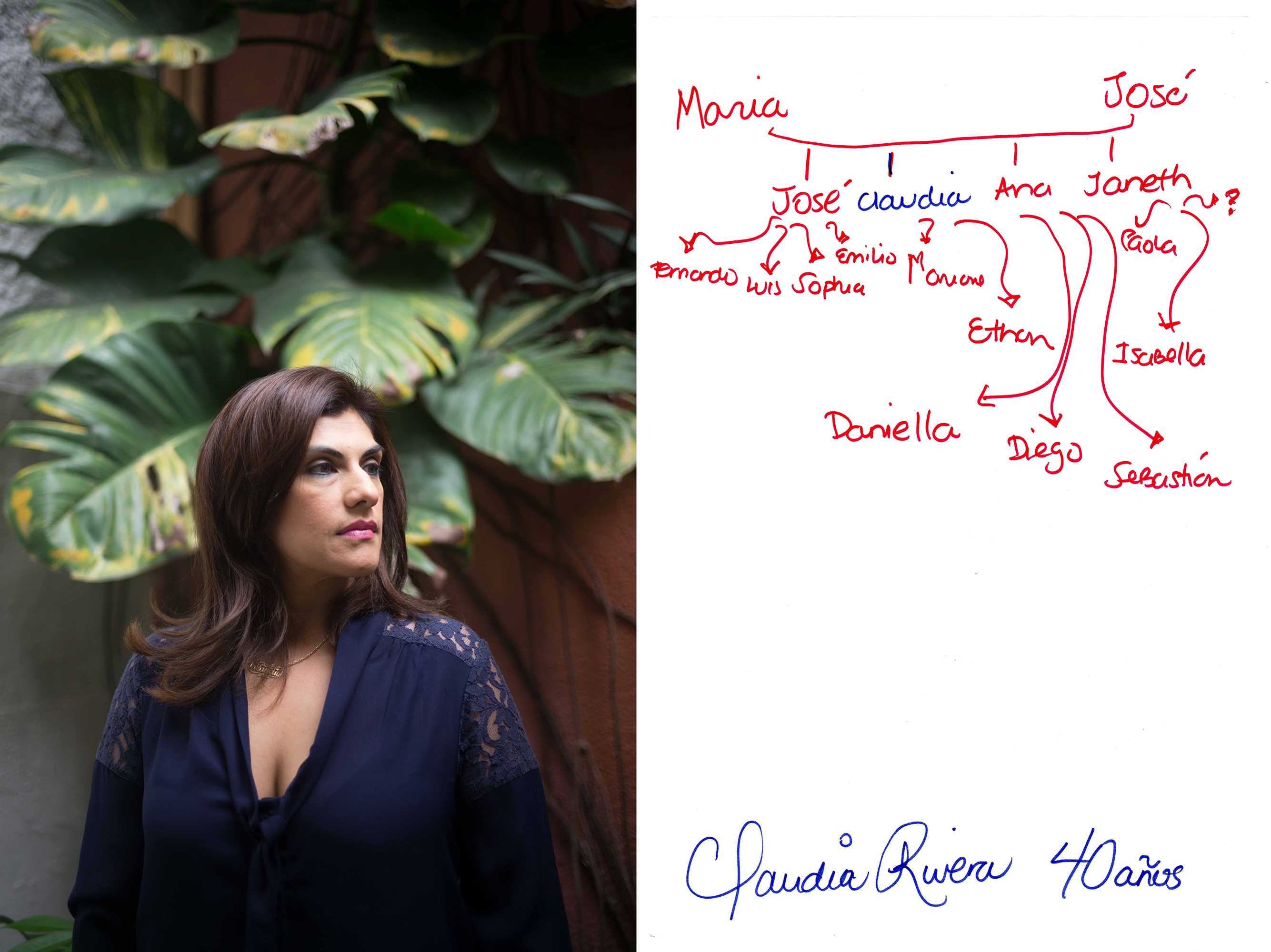 A portrait of a woman next to the drawing of a family tree