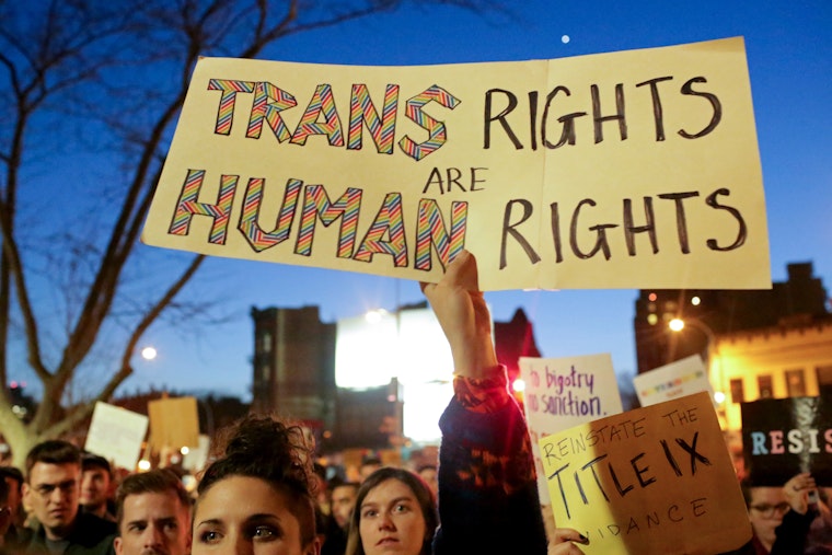 A demonstrator holding a sign that says; &quot;Trans Rights Are Human Rights&quot;