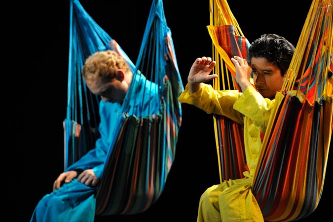 A scene from the play Feather Pickings, taken in Theatre Saint Gervais, Geneva, Switzerland, January 27, 2011. Photo credit: © Eric Roset Two men participating in a play.