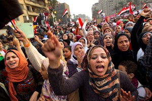 Hundreds of women demonstrators marching