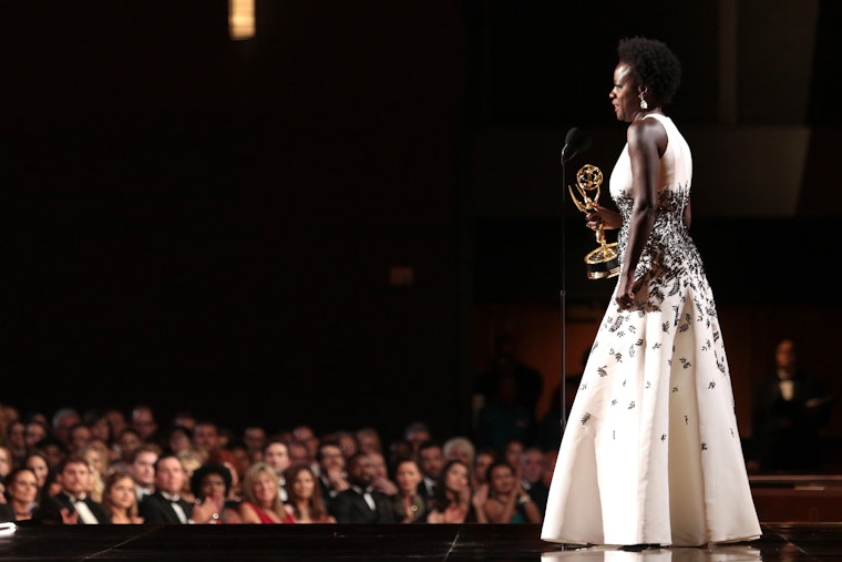 Viola Davis accepts her Emmy for How to Get Away With Murder on September 20, 2015, in Los Angeles. Photo credit: © Alex Berliner/AP Viola Davis on stage at the Emmy Awards