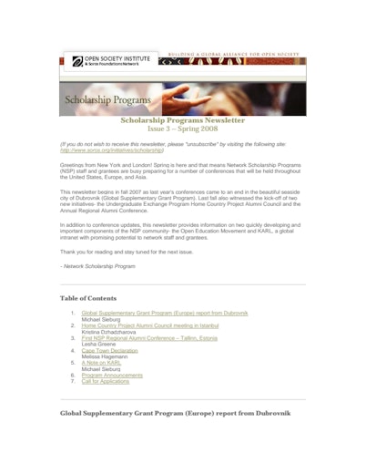 First page of PDF with filename: scholarship_newsletter_spring2008.pdf