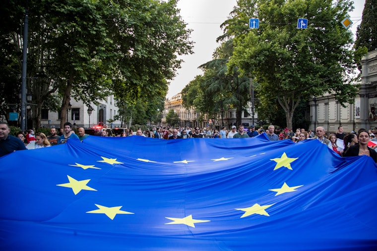 Many people carry a large European Union flag.