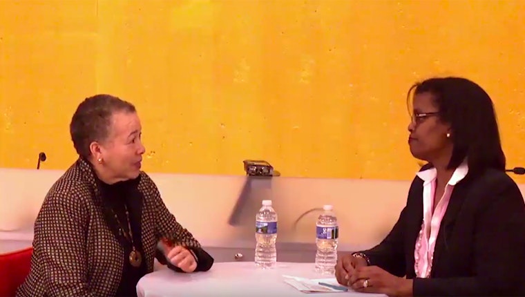 Still image from “Talking About Race: A Conversation with Beverly Tatum and Sonja Santelises.” Baltimore City Public Schools CEO Sonja Santelises talks with Beverly Tatum about the role race plays in schools today and the relevance of Tatum’s work in majority African-American districts like Baltimore. Beverly Tatum and Sonja Santelises