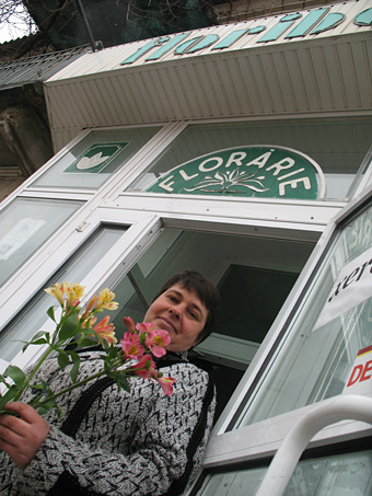 Maria Durbala in front of flower shop
