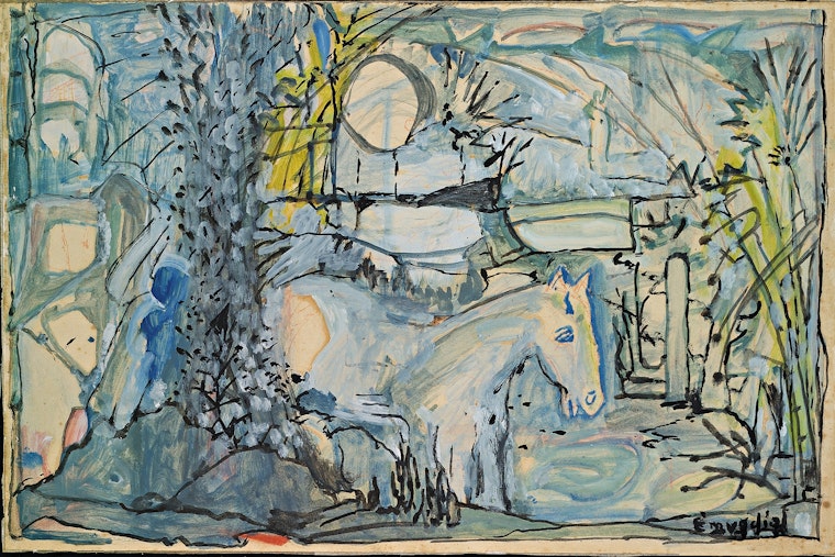 Mid-20th century landscape painting of a blue horse by Emygdio de Barros. Photo credit: Image courtesy of the Society of Friends of the Museum of Images from the Unconscious Mid-20th century landscape painting of blue horse by Emygdio de Barros