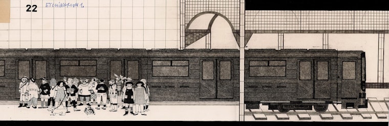 An etching of a train station.
