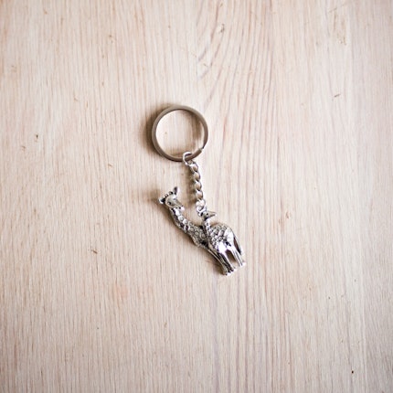 “A customer gave me this giraffe keychain and I put it on my backpack. One day I was in a bad mood because of something to do with clients and I saw it on my backpack and became angry. I thought, ‘What am I doing with this? It’s one thing to keep the thing; it’s another thing to be carrying it around!’ So, I threw it away. But afterwards, I felt a little guilty about throwing it out, because it was a gift. It was an ambivalent feeling.” Photo credit: Objects of Desire A silver giraffe keychain on a table
