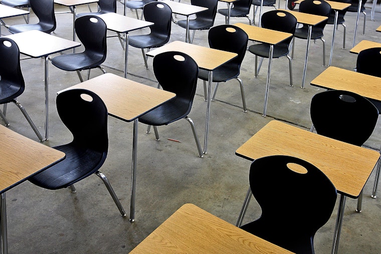 A South Carolina high school classroom sits empty. Photo credit: © C. Aluka Berry/Getty Empty classroom