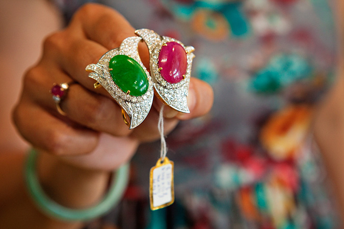 Ruby and jade brooches