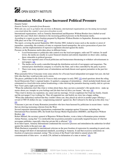 First page of PDF with filename: romania-media-pressure-20031001.pdf
