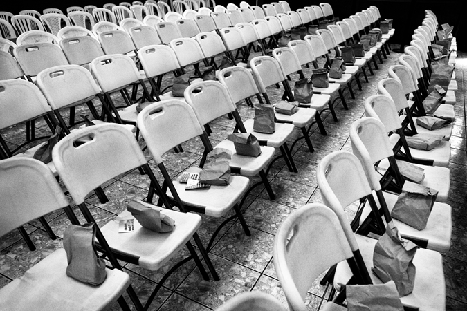 chairs with paper bags