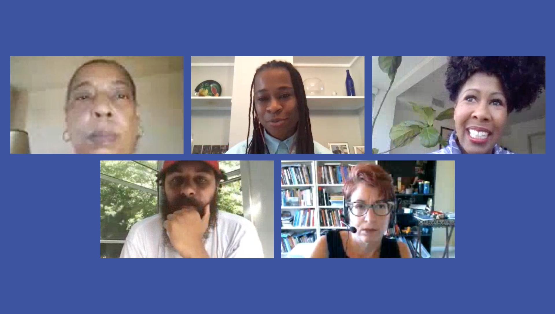 Video stills of Liat Ben-Moshe, Celia Brown, Erica Woodland, Dustin Gibson, and Gretchen Rohr from "Why Defunding the Police in Favor of Traditional Mental Health Systems is Not the Answer to Police Brutality"