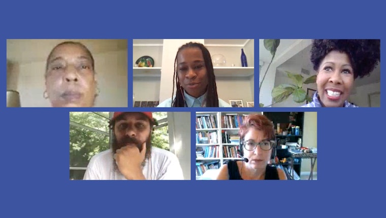 Video stills of Liat Ben-Moshe, Celia Brown, Erica Woodland, Dustin Gibson, and Gretchen Rohr from "Why Defunding the Police in Favor of Traditional Mental Health Systems is Not the Answer to Police Brutality"