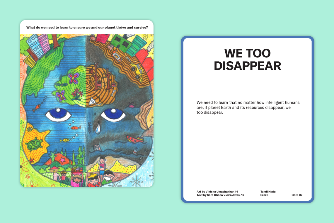 An illustration of a globe with a face on it next to a card that says, "We too disappear"