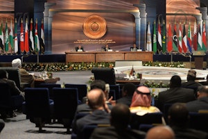 Meeting hall with Arab League of Nations flags