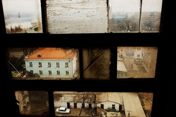 A window overlooking the city of Khujand.