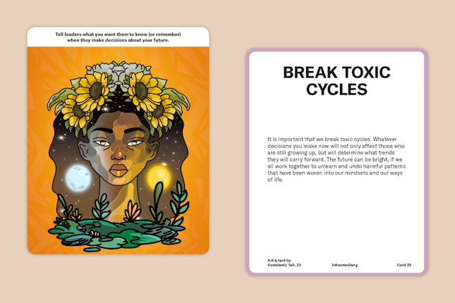 Illustration of a woman with flowers in her hair next to a card that says, "Break Toxic Cycles"