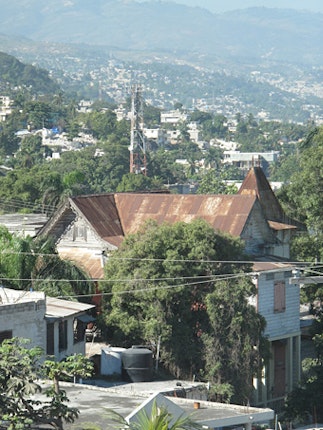 View of rooftops among the hills
