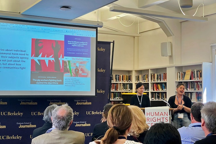 Reporters and editors attend a Pulitzer Center workshop on AI at the University of California, Berkley, on April 21, 2024. © Marina Walker Guevara/Pulitzer Center A person giving a presentation to a small group