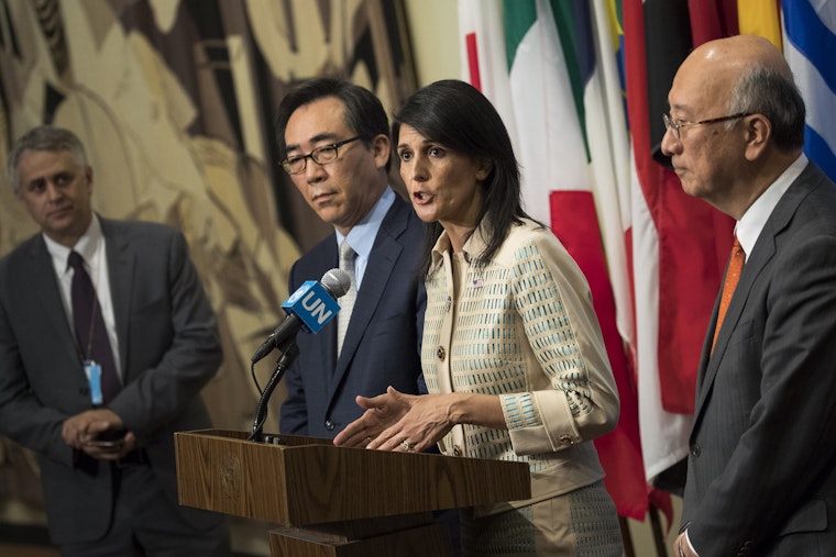 U.S. Ambassador to the UN Nikki Haley joins a press briefing on May 16, 2017, in New York City. Photo credit: © Drew Angerer/Getty Nikki Haley at a podium.