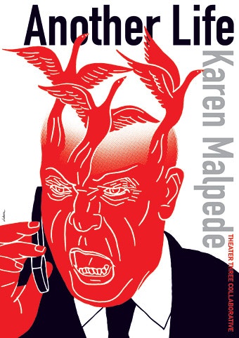 Poster of drawing of man with red face on cell phone