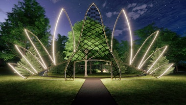 A digital rendering of a large crown made of light and metal in a forest.