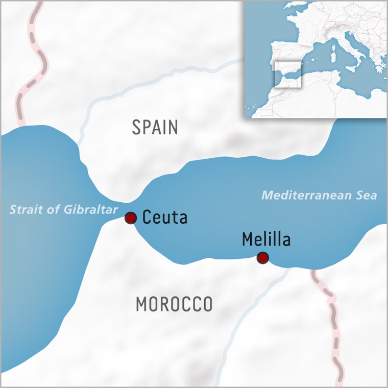 The Spanish cities of Ceuta and Melilla, which sit on the coast of Morocco, are the only two places where the European Union shares a land border with an African country. Map of Ceuta and Melilla