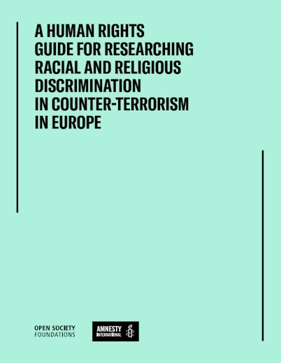 First page of PDF with filename: a-human-rights-guide-for-researching-racial-and-religious-discrimination-in-counter-terrorism-in-europe-20210309.pdf