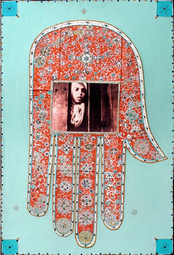 Roma-Porrajmos (Genocide) Series 9 (Settela Steinbach / Fatima). Photo credit: © Katarzyna Pollok Drawing of a hand with an image of a girl on it.