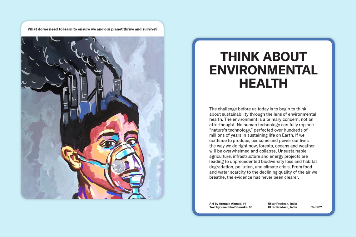 An illustration of a woman with an oxygen mask next to a card that says, "Thahink about environmental health."