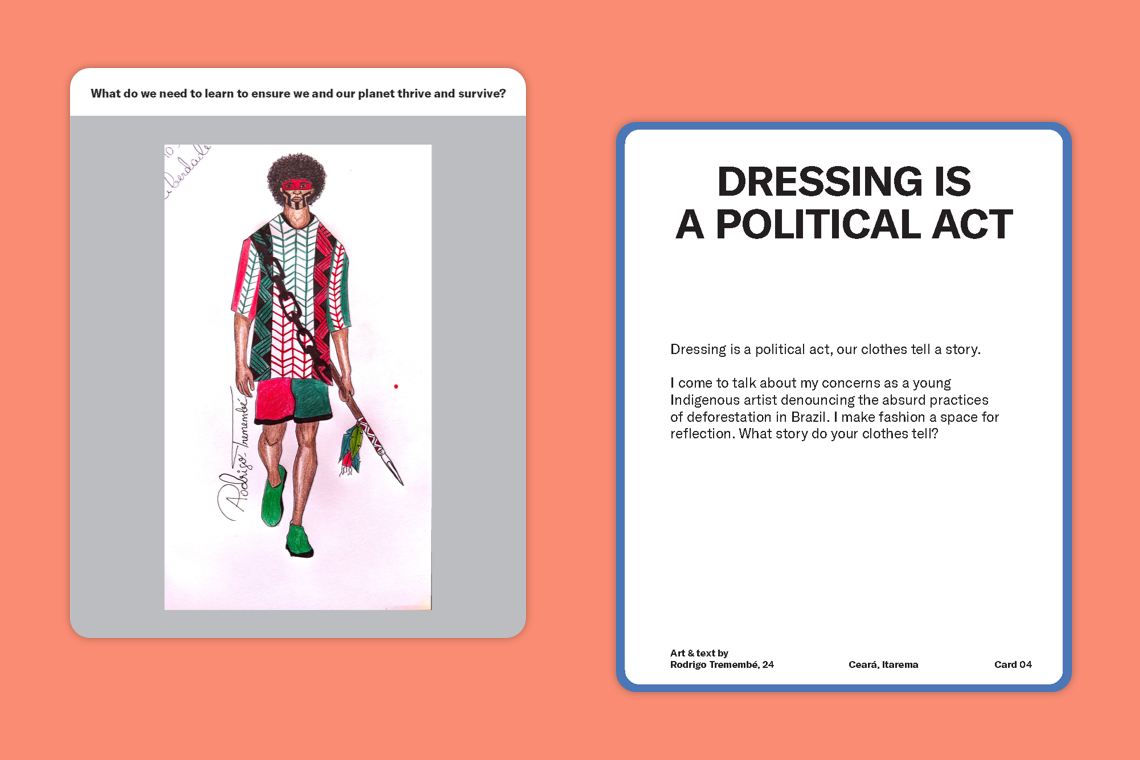 An illustration of a person wearing red and green clothing and face mask, next to a card that says, "Dressing is a political act."