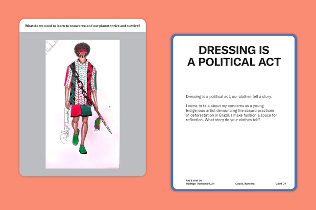 An illustration of a person wearing red and green clothing and face mask, next to a card that says, "Dressing is a political act."