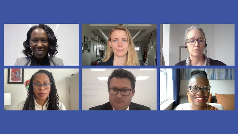 Mortise with images of When March 23, 2022 3:30–5:00 p.m. (EDT) Where Live Stream Speakers Fatimah Loren Dreier, Stephanie Hawkins, Latrina Kelly-James, Heather Warnken, Rob Wilcox, and Jennifer Shaw